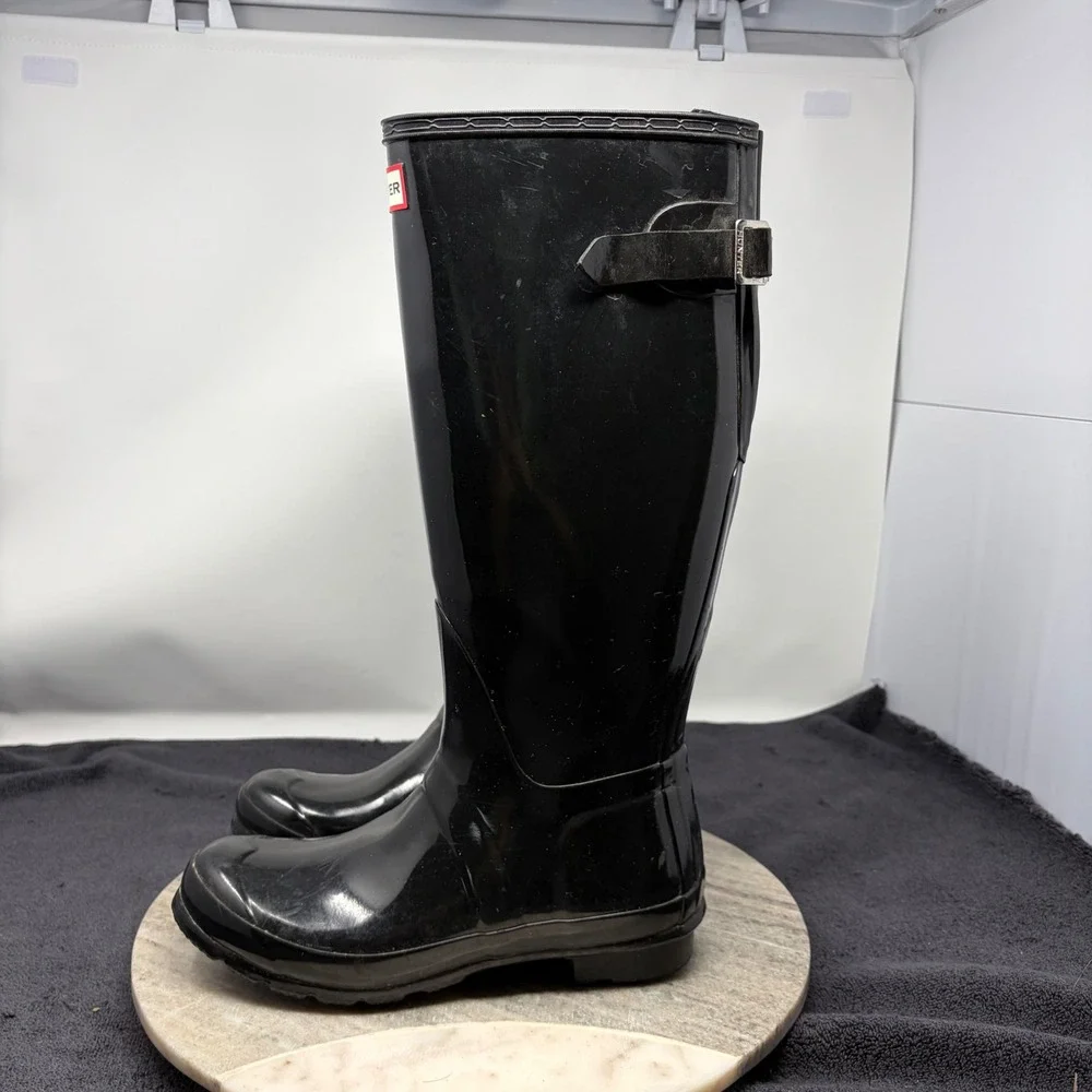 Hunter Original Tall Gloss Rain Boots Black Waterproof Womens US 7 Adjustable